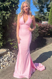 halter v neck mermaid satin long prom dresses pink bridesmaid dress