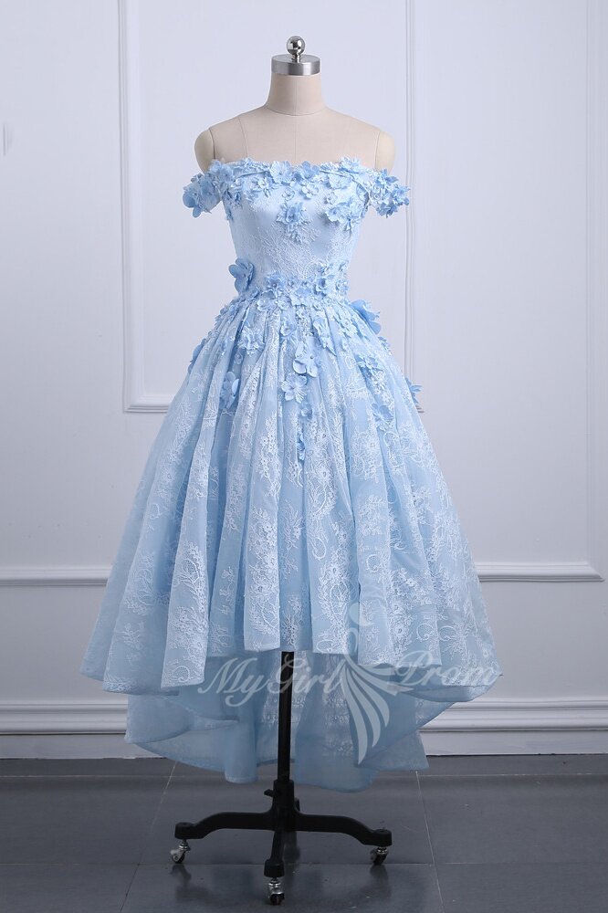 Off Shoulder High Low Light Blue Lace Homecoming Dresses Appliqued Prom Dress GP520
