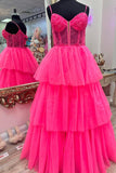 Pink Corset Tulle Tiered Prom Dresses A-line Long Formal Dress GP675