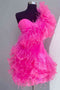 Hot Pink Feather Ruffled Tulle One Shoulder Short Homecoming Party Dress GM692