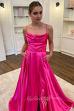 Hot Pink A Line Spaghetti Straps Long Prom Dress Split Evening Dresses GP792