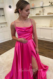 Hot Pink A Line Spaghetti Straps Long Prom Dress Split Evening Dresses GP792