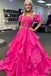 hot pink organza beading prom dresses short sleeves formal evening dress