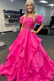 Hot Pink Organza Beading Prom Dresses, Short Sleeves Formal Evening Dress GP547