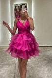 Organza Purple Short Prom Dresses A Line Tiered V-Neck Homecoming Dress GM697