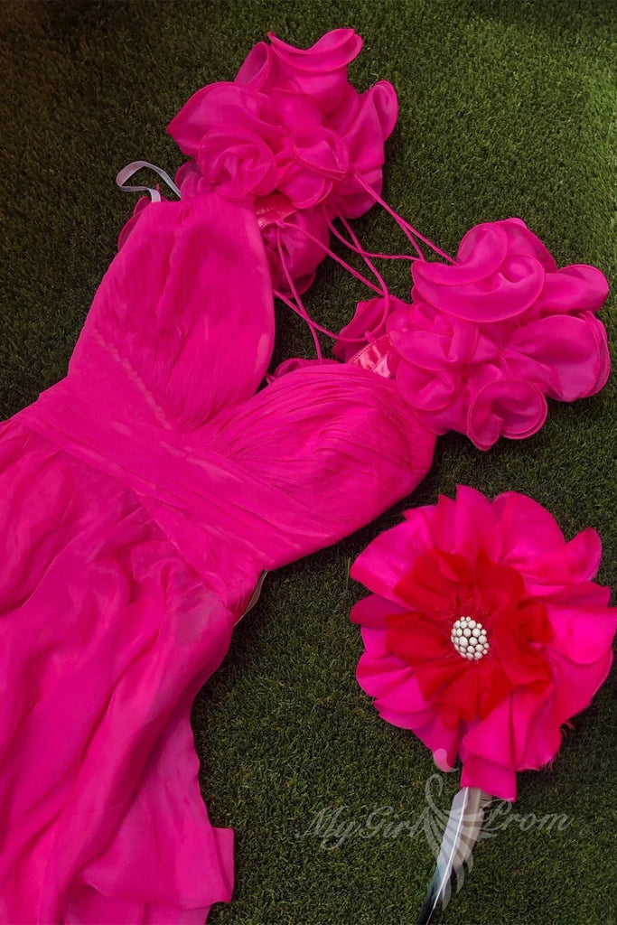 hot pink ruffles plunging v neck a line chiffon long prom dresses