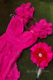 Hot Pink Ruffles Plunging V Neck A-line Chiffon Long Prom Dresses GP579