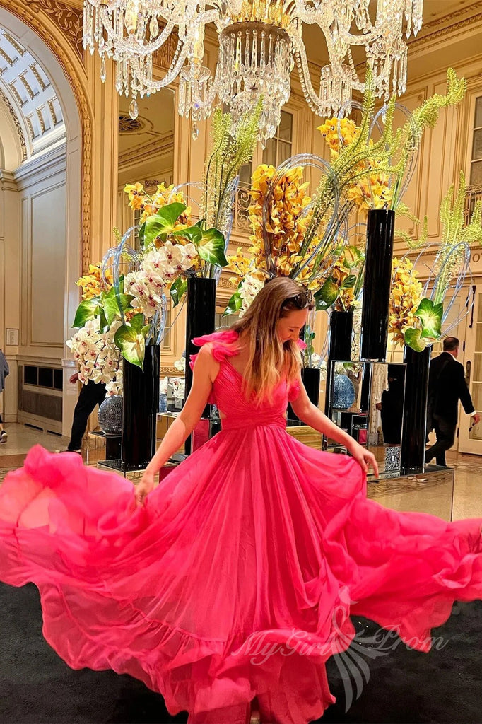 hot pink ruffles plunging v neck a line chiffon long prom dresses