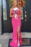 Hot Pink Sequin Long Prom Dresses Sparkly Mermaid Slit Evening Gowns GP597