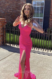 hot pink sequin long prom dresses sparkly mermaid slit evening gowns