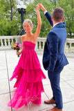 Hot Pink Strapless Long Prom Dress High Low Evening Dress with Ruffles GP757