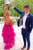 Hot Pink Strapless Long Prom Dress High Low Evening Dress with Ruffles GP757