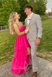 Hot Pink Strapless Long Prom Dress High Low Evening Dress with Ruffles GP757