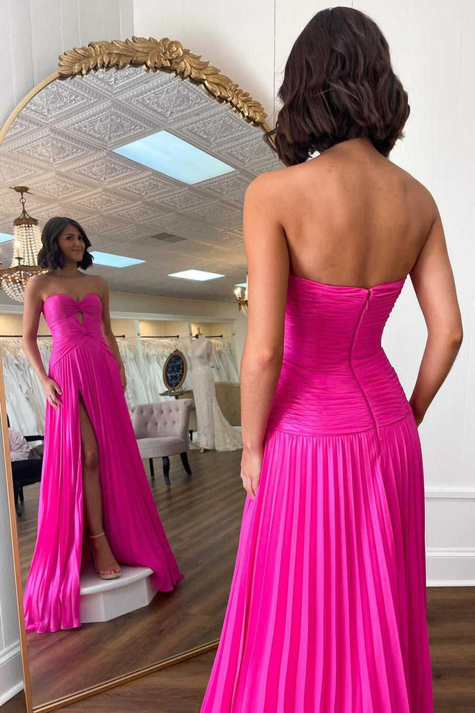 hot pink sweetheart keyhole pleated chiffon prom dress a line evening gown