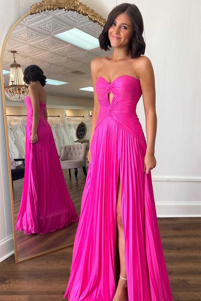 hot pink sweetheart keyhole pleated chiffon prom dress a line evening gown
