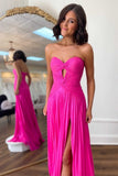 hot pink sweetheart keyhole pleated chiffon prom dress a line evening gown