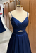 simple royal blue pleated straps cut out satin long prom dress