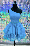 Chic One-Shoulder Beaded Ruffles Tulle Pink Homecoming Dresses GM739