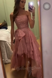 Shiny Strapless High Low Rose Gold Prom Party Dress With Bowknot GP795