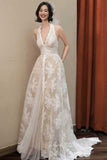Elegant Halter Neck Lace Wedding Dresses Tulle Backless Bridal Gown PW611