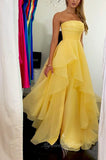 Strapless A-Line Ruffles Yellow Long Formal Prom Dress With Split GP817