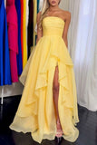 Strapless A-Line Ruffles Yellow Long Formal Prom Dress With Split GP817
