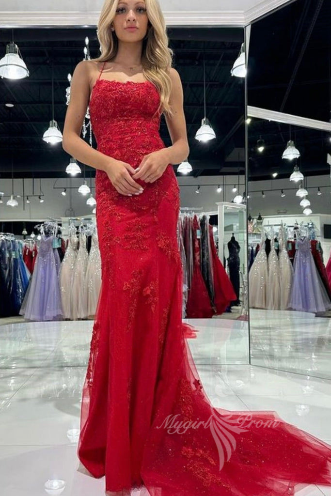 glamour red tulle lace long prom desses sleeveless evening gown