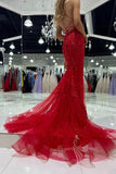 glamour red tulle lace long prom desses sleeveless evening gown