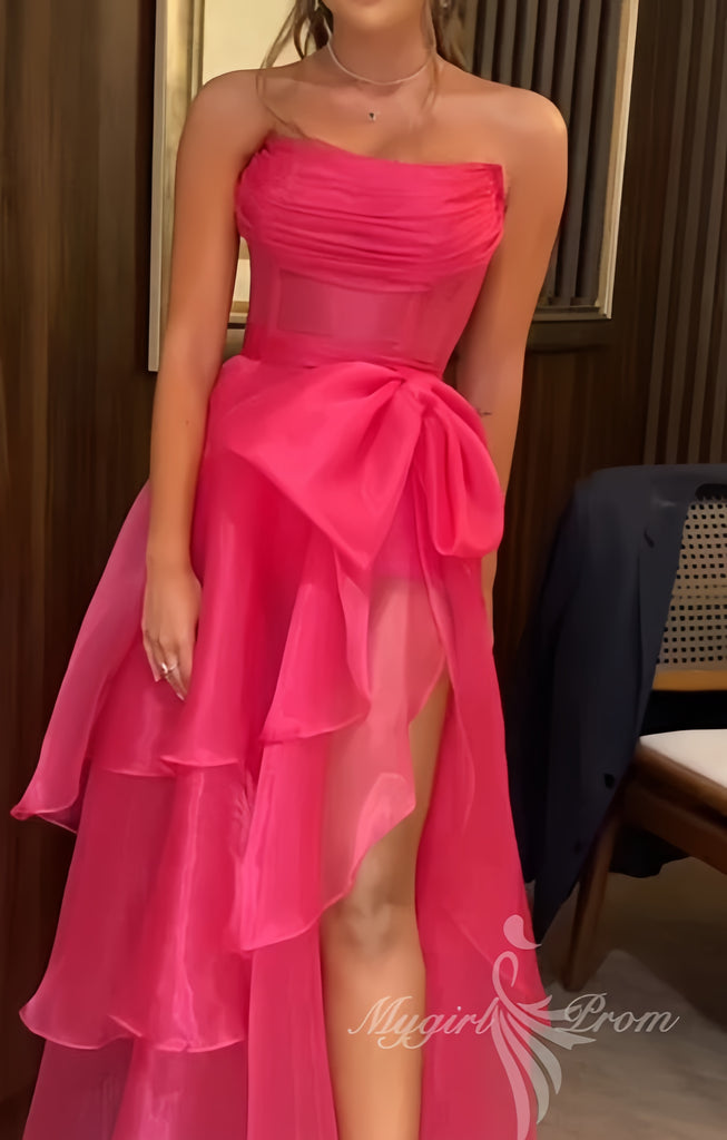 glamour hot pink organza prom dresses long evening gown with slit