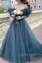 Dusty Blue Tulle Prom Dress Long Sweetheart Off Shoulder Formal Gown GP583
