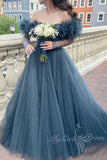 Dusty Blue Tulle Prom Dress Long Sweetheart Off Shoulder Formal Gown GP583