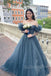 dusty blue tulle prom dress long sweetheart off shoulder formal gown