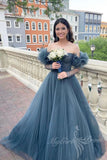 dusty blue tulle prom dress long sweetheart off shoulder formal gown