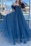 dusty blue tulle prom dress long sweetheart off shoulder formal gown