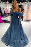 dusty blue tulle prom dress long sweetheart off shoulder formal gown