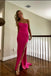simple satin hot pink one shoulder prom dress slit long evening gown