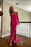 Simple Satin Hot Pink One Shoulder Prom Dress, Slit Long Evening Gown GP584