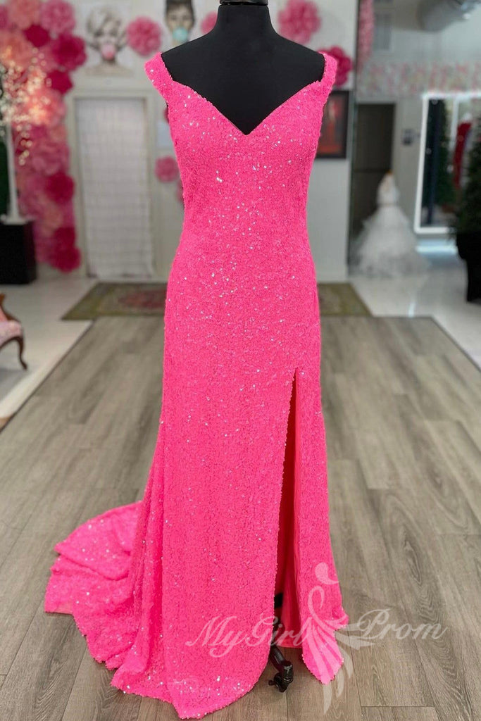 barbie pink sequined mermaid prom dress long slit formal gown