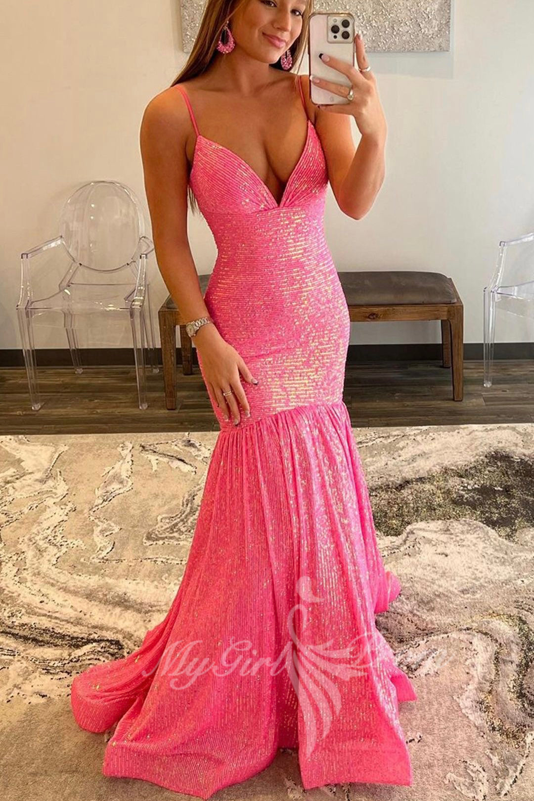 Sparkle V-neck Pink Sequin Long Prom Dress Mermaid Sleeveless Party Gown GP586