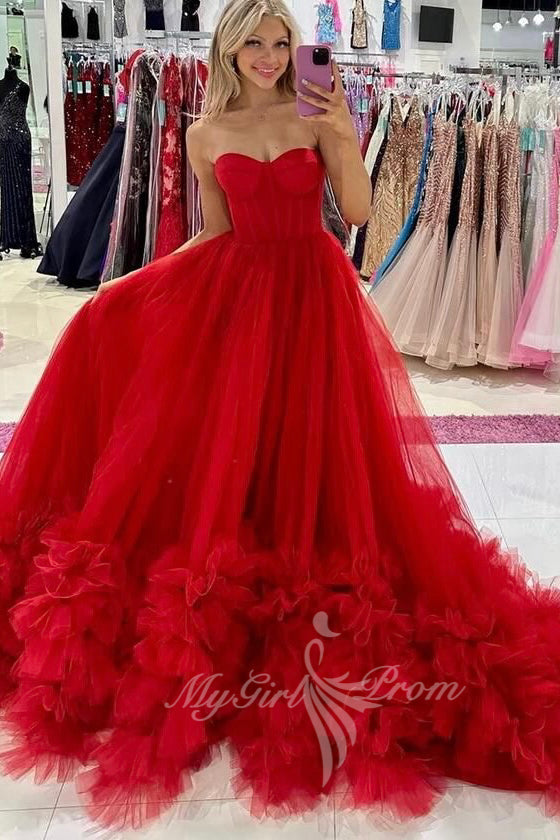 princess red tulle sweetheart long prom dress elegant formal gown