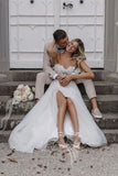 Sweetheart Lace Corset Tulle Boho Wedding Dress, Slit Beach Bridal Gown PW552