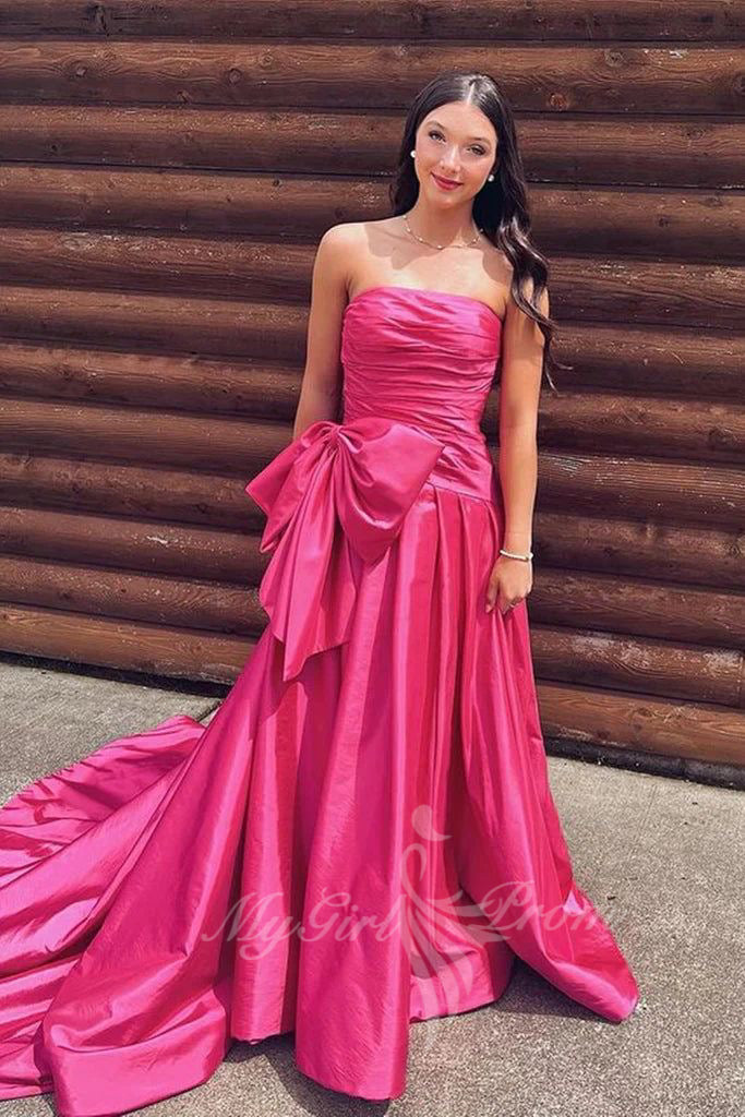 Elegant Strapless Satin Bow Prom Dress Hot Pink Formal Gown With Train GP588