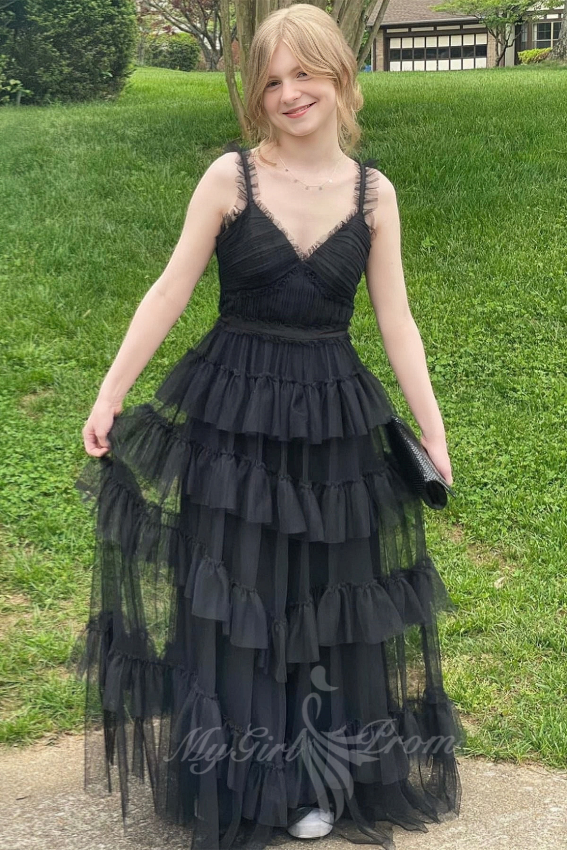 Princess V-Neck Black Tulle A-Line Layered Prom Dress, Long Formal Gown GP598
