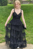 princess v neck black tulle a line layered prom dress long formal gown