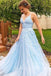 a line v neck sleeveless light sky blue prom dresses with applique