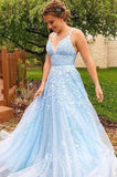 a line v neck sleeveless light sky blue prom dresses with applique