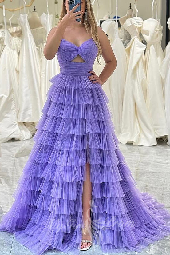 straps keyhole purple tulle layered prom dresses princess long formal gown