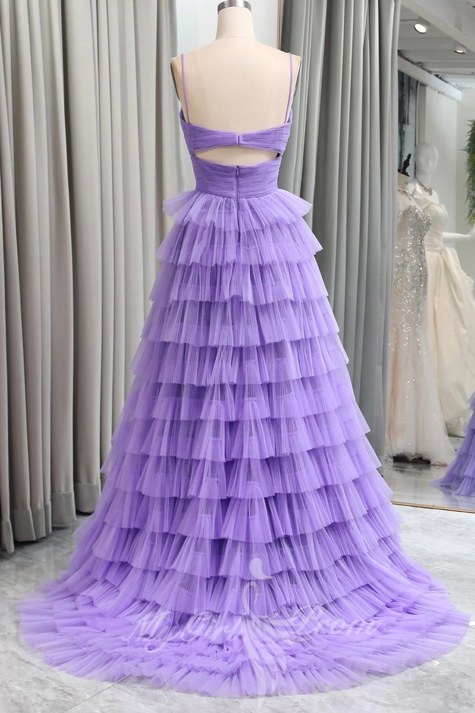 Straps Keyhole Purple Tulle Layered Prom Dresses, Princess Long Formal Gown GP600