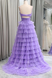 straps keyhole purple tulle layered prom dresses princess long formal gown