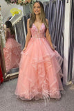 Pink V-Neck Tulle Long Prom Dresses, A-Line Lace Appliques Sweet Dress GP599